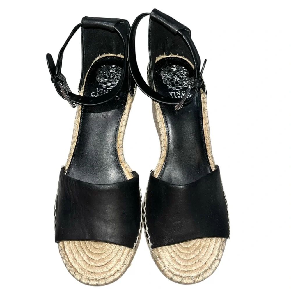 NEW Vince Camuto Black Leather Leera Espadrille Wedge Sandals Shoes size 10